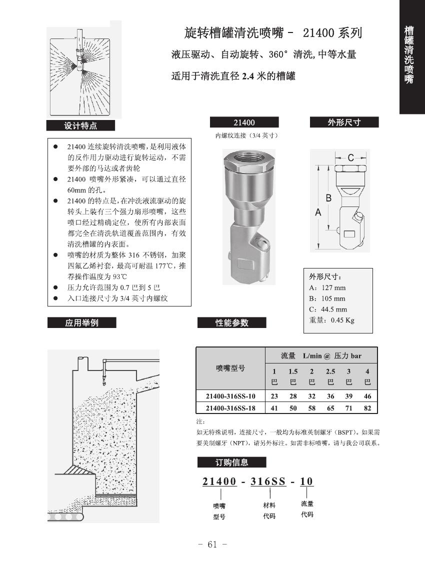 旋轉(zhuǎn)槽罐清洗噴嘴21400系列的設(shè)計(jì)特點(diǎn)、噴嘴設(shè)計(jì)、一般應(yīng)用及訂購信息